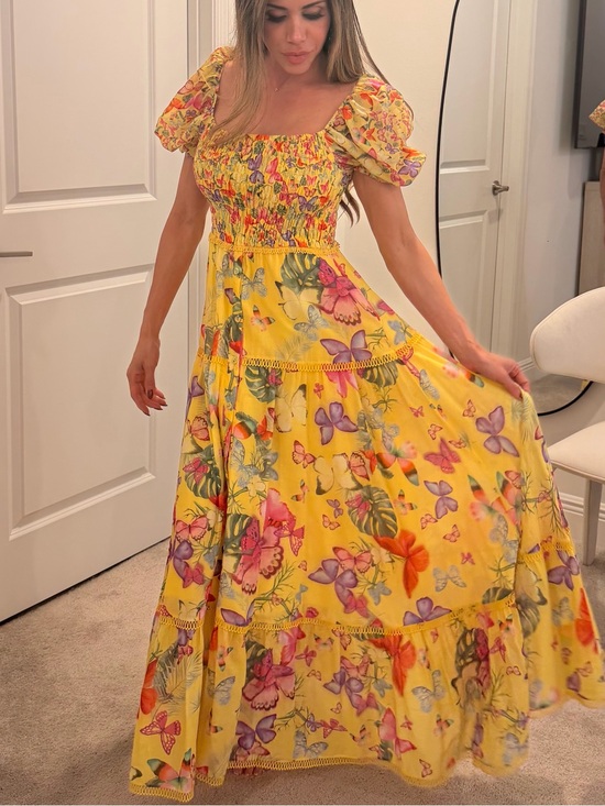 Charo Ruiz Dresses & Skirts - Charo Ruiz Yellow Floral & Butterfly Puff-Sleeve Maxi Dress